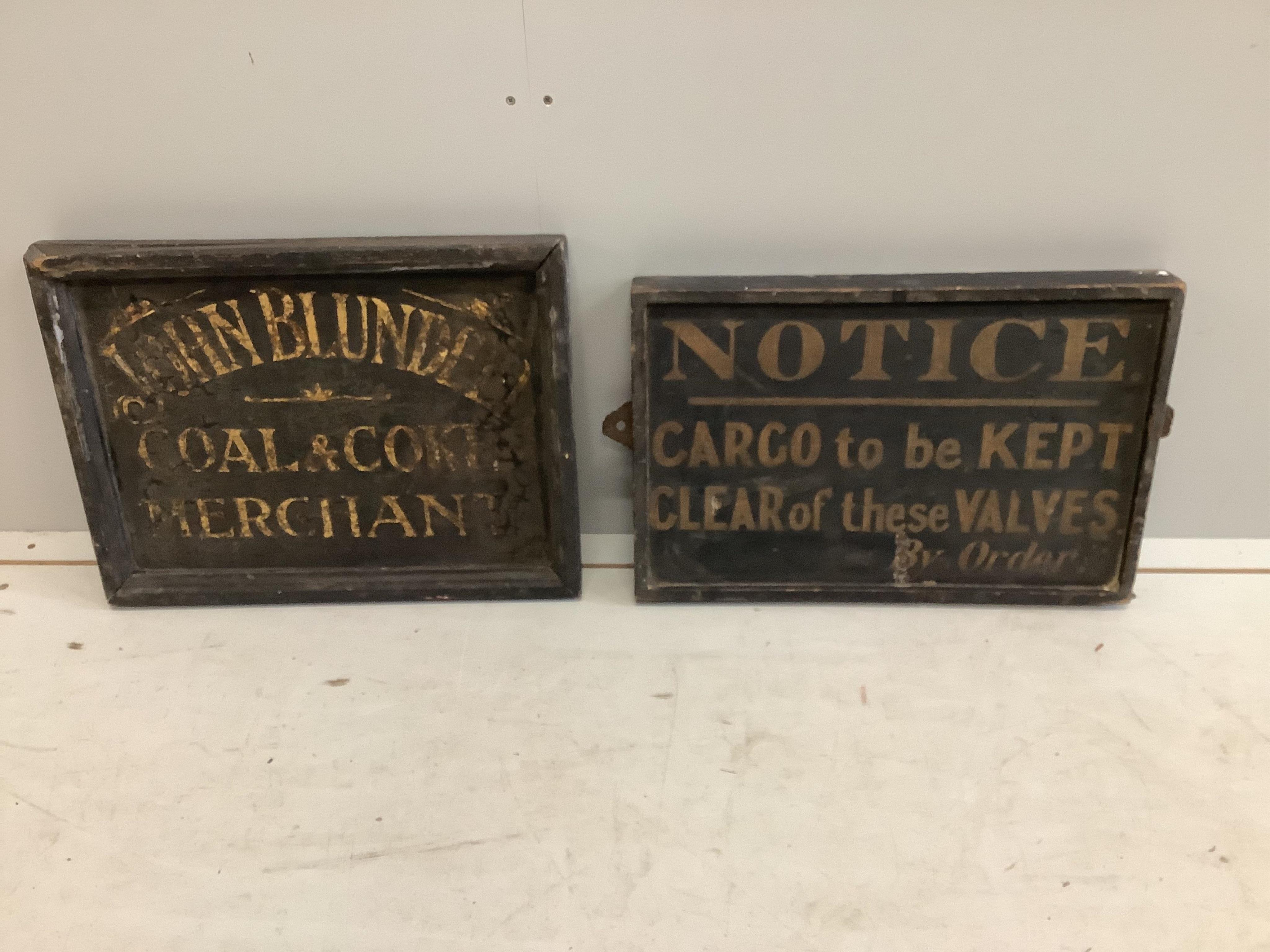 A Victorian style rectangular painted 'Notice' sign together with one other 'John Blundell Coal & Coke Merchant', larger 46 x 34cm. Condition - poor